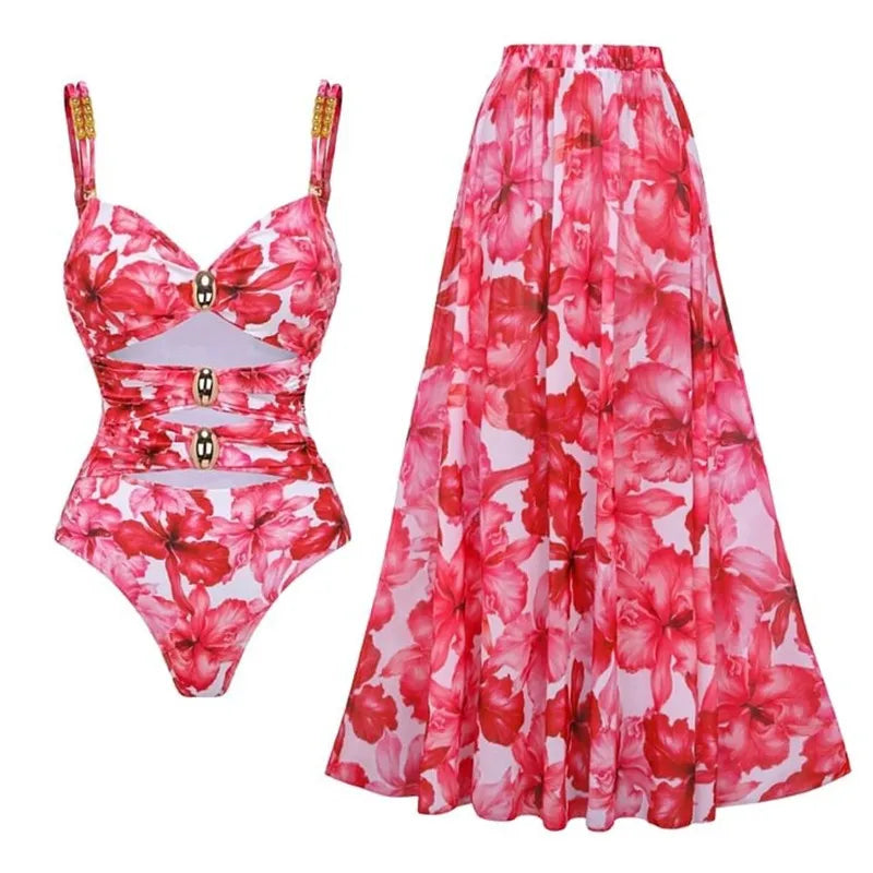 One Piece Swimsuit Floral Ruffle Printed Push Up Women Bikini Set Swimwear Slimming Bathing Suit Beach Wear SET1