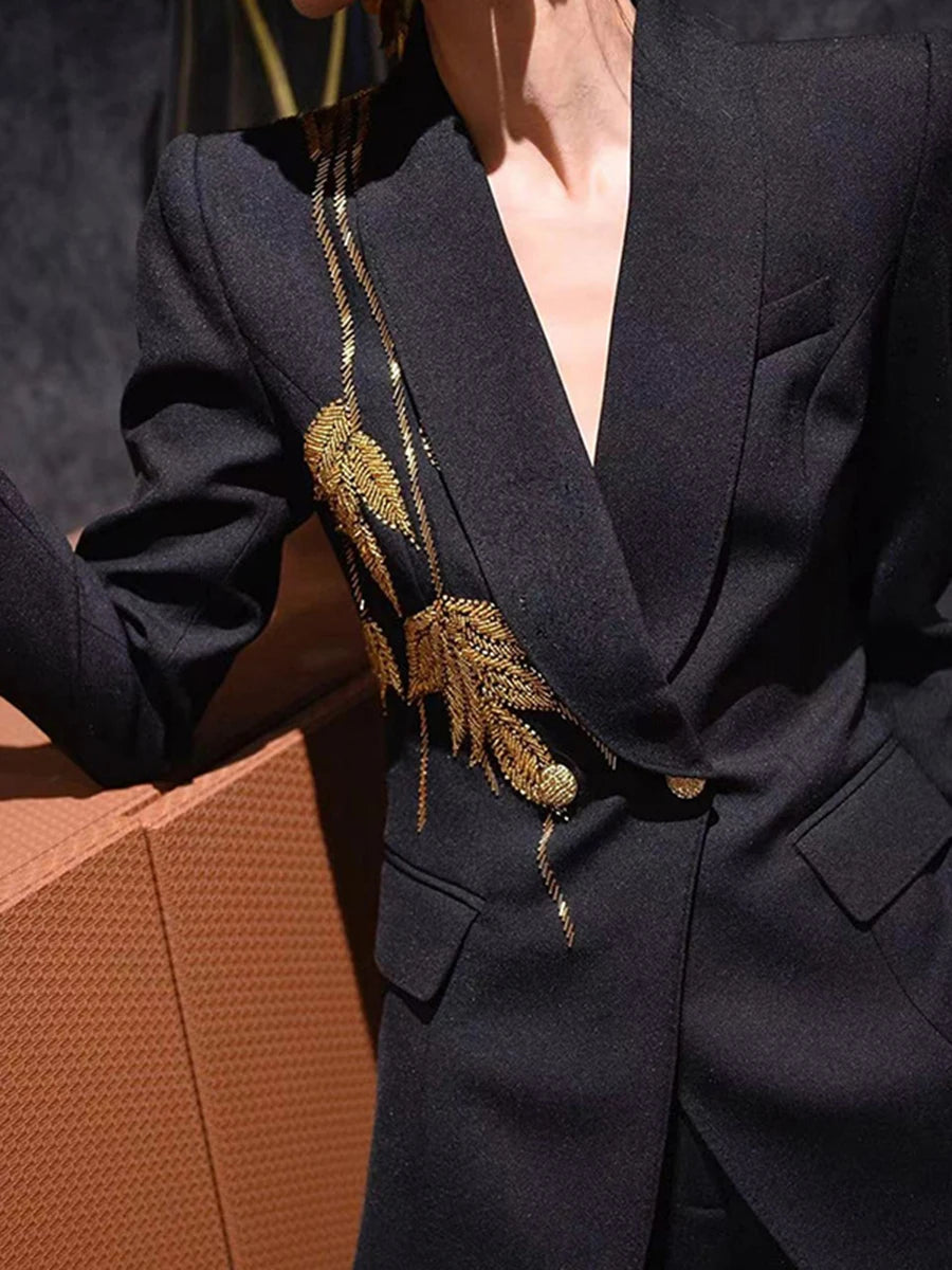 Solid Slimming Two Piece Sets for Women Lapel Long Sleeve Patchwork Bead Top High Waist Pant Temperament Set Female