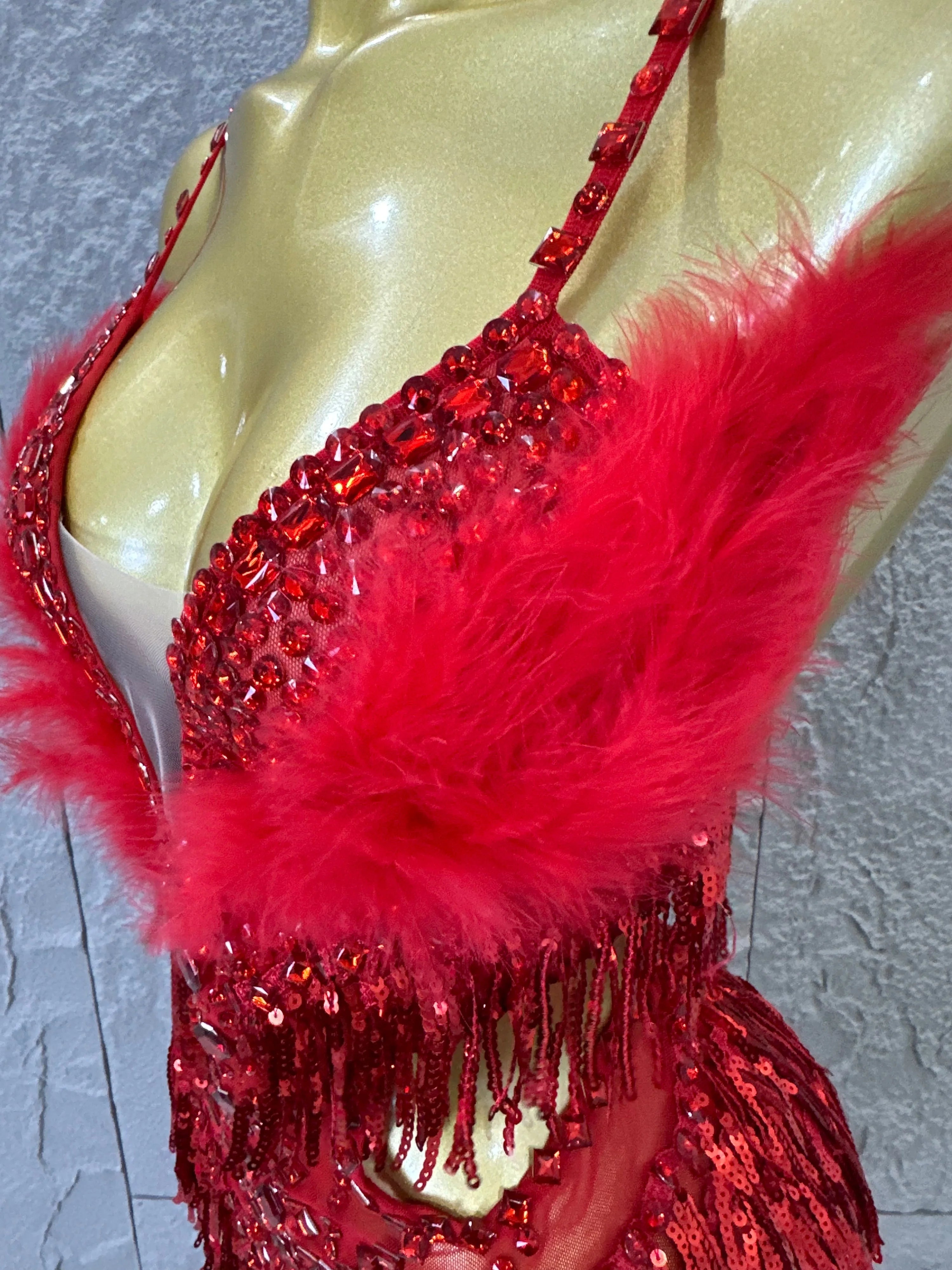 Luxurious Sheer Mesh Bodysuit Women Sexy Crystal Embellished Feather Fringe Trim Spaghetti Strap Outfit Stage Performance Outfit