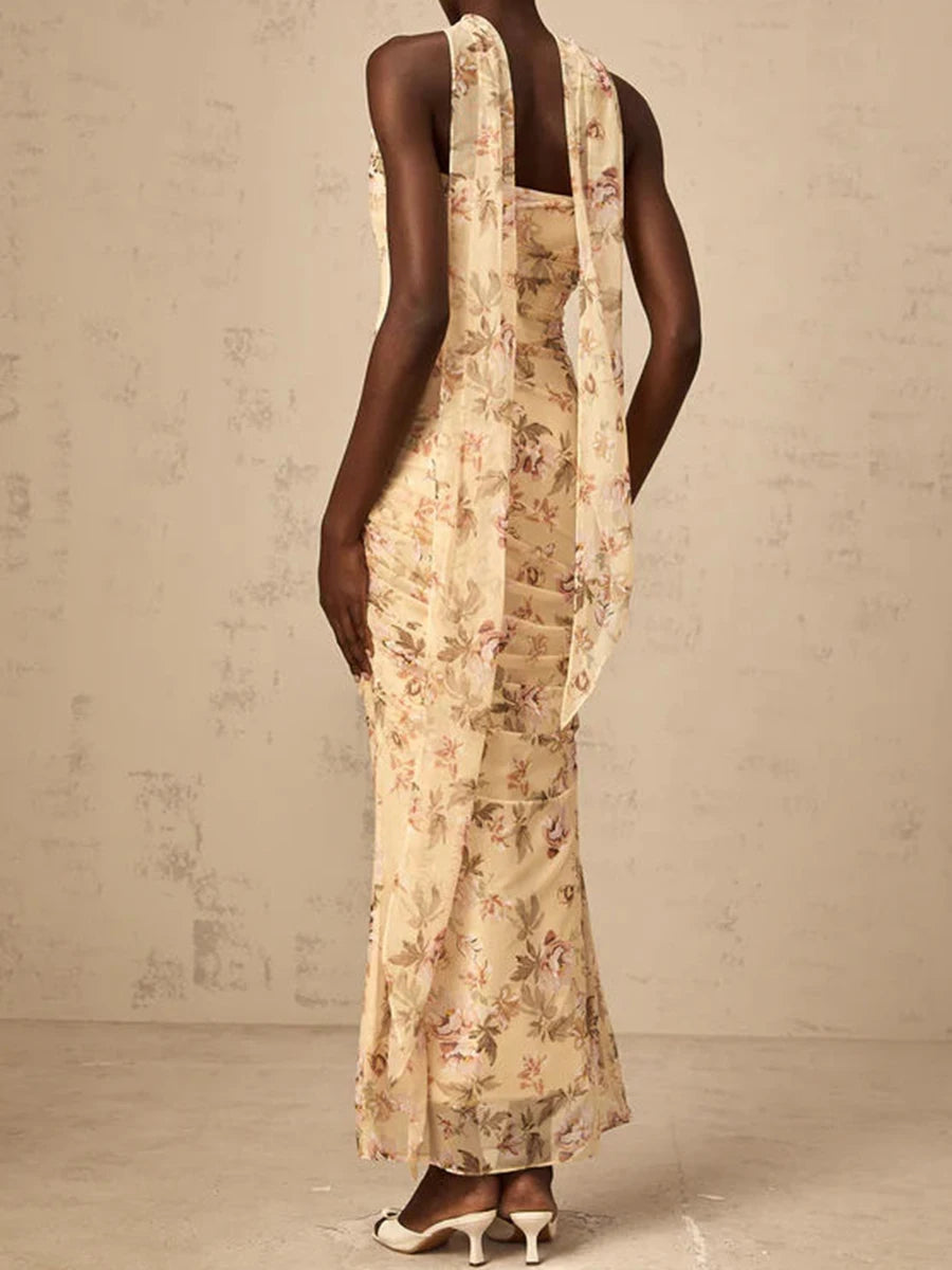 Colorblock Slimming Spliced Mesh Dresses for Women Strapless Sleeveless Patchwork Printing Dress Female Clothing