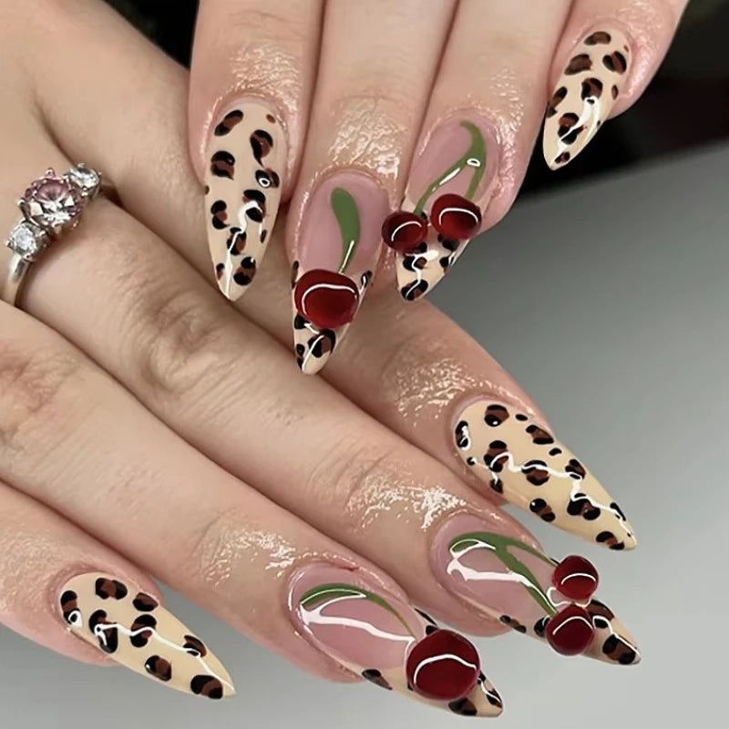 Cherry Leopard Print Almond Fake Nails Art Ballet Pointed False Nails Charms Flower Star Love Heart Press on Nails Manicure Tool MT2673JP3688