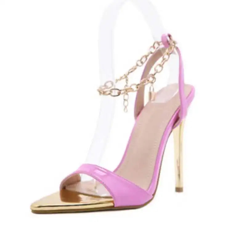 2024 Cross-border Large Size New Women's Pumps Candy-colored Pointed Toe Stiletto High-heeled Fashion Sandals Metal Chain Spot
