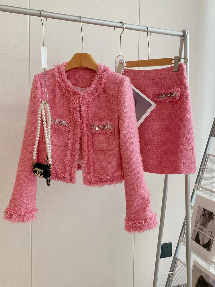 Luxury Style Fashion Diamonds Women's Tweed Woolen Jacket And Skirt Suit Elegant Autumn Winter Office Dress Set 2 Piece Outfits Pink