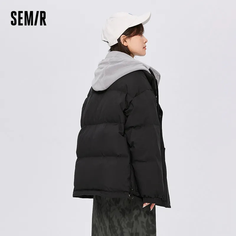 Semir Down Jacket Women Hooded Splicing Fake Two Winter New Oversize Flower Thick Coat Sweet
