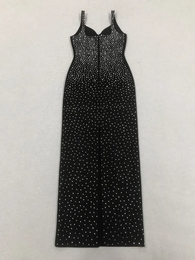 New Women Sexy V Neck Diamonds Beading Black Maxi Long Celebrity Bodycon Bandage Dress 2025 Elegant Evening Club Party Dress