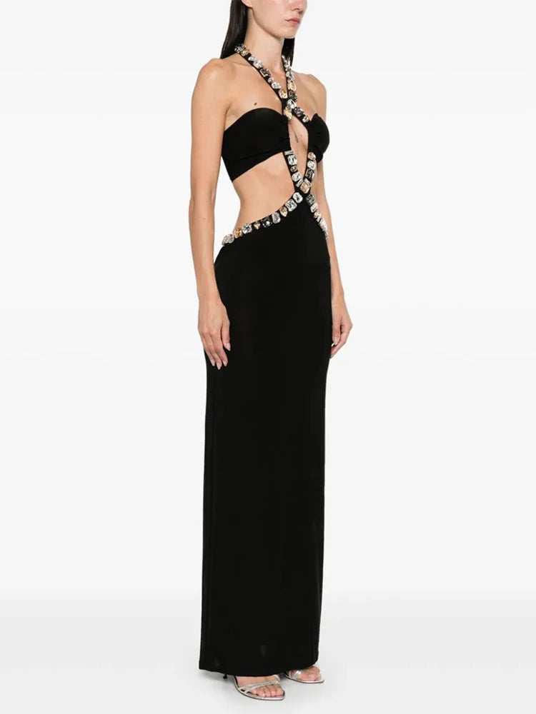 Sexy Halter Gold Chains Hollow Out Long Dress Black Sleeveless Backless Shiny Diamonds Bodycon Dresses Evening Party Gowns