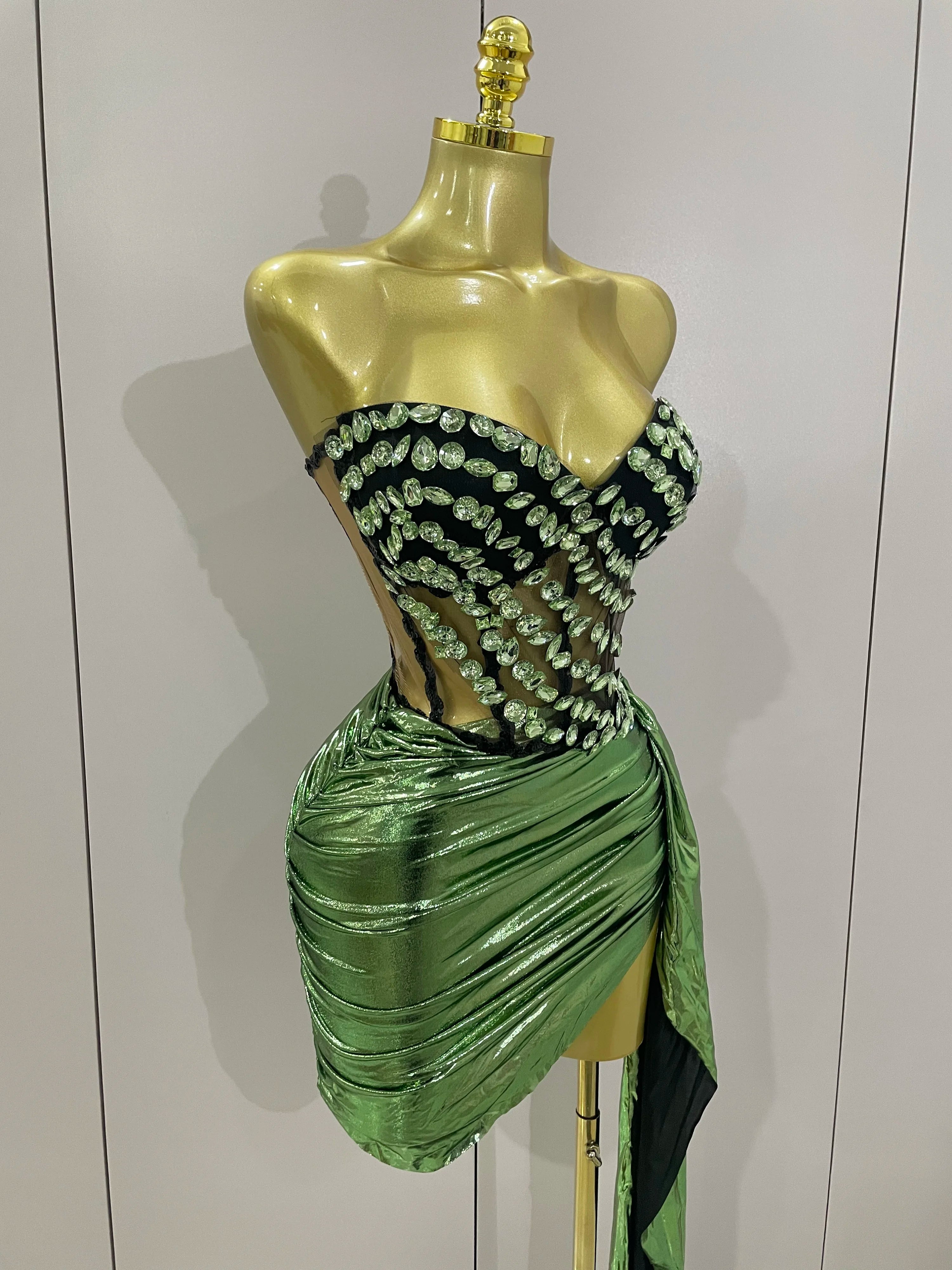 Sparkly Red Diamonds Two Piece Set Sexy Strapless Backless Women Outfit Evening Party Nightclub Stage Performance Dance Costume