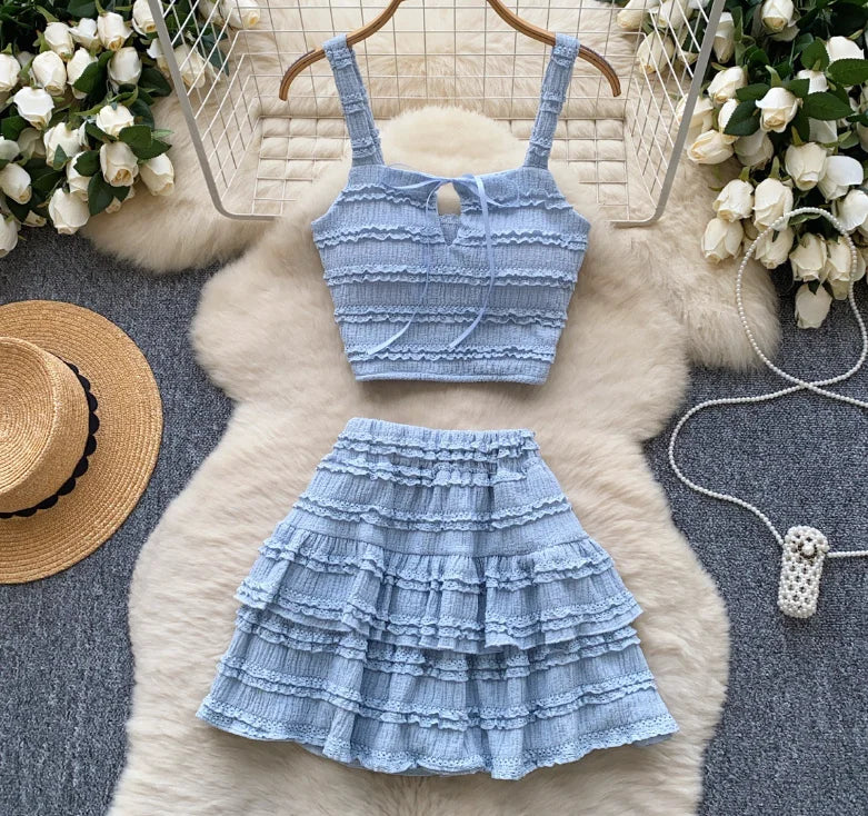 Beach Boho Women's Set Strap Sleeveless Tank Top and Ruched Mini A-line Skirts Two 2 Piece Sets 2025 Summer Outfits SKY BLUE One Size