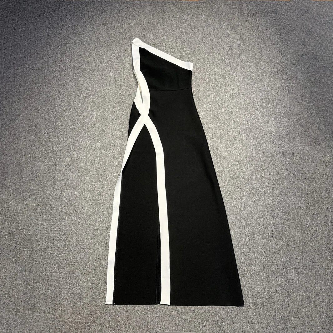 Unique Black White One-Shoulder High Slit Cut-Out Design Dress for Fashion Events Evening Gown AS PIC