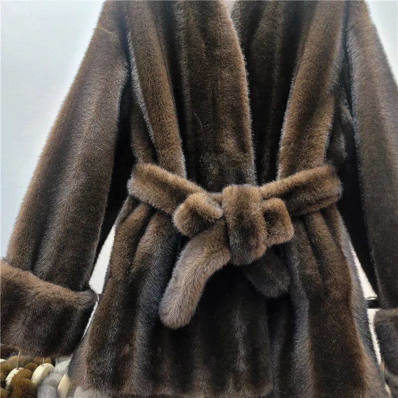 Autumn Winter New Fashion Style Faux Mink Fur Belted Coat For Women High Quality Soft Lace-up Waist Jacket 11A07840