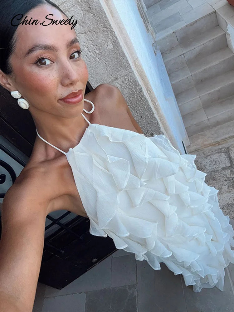 Sexy Ruffles Backless Long Dress Women Y2K Off Shoulder Lace Up Sleeveless White Dresses 2025 Summer Beach Party Loose Robes