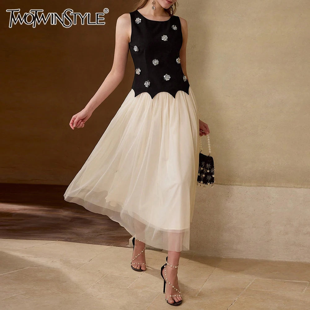 Hit Color Spliced Appliques Elegant Dresses for Women Round Neck Sleeveless Patchwork Mesh Dress Female Fashion New