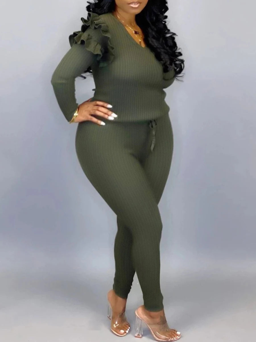 4XL 5XL LW Plus Size Trendy V Neck Striped Yellow Two-piece Pants Set Spring Women Basic Plain Ruffles Female Matching Suit green