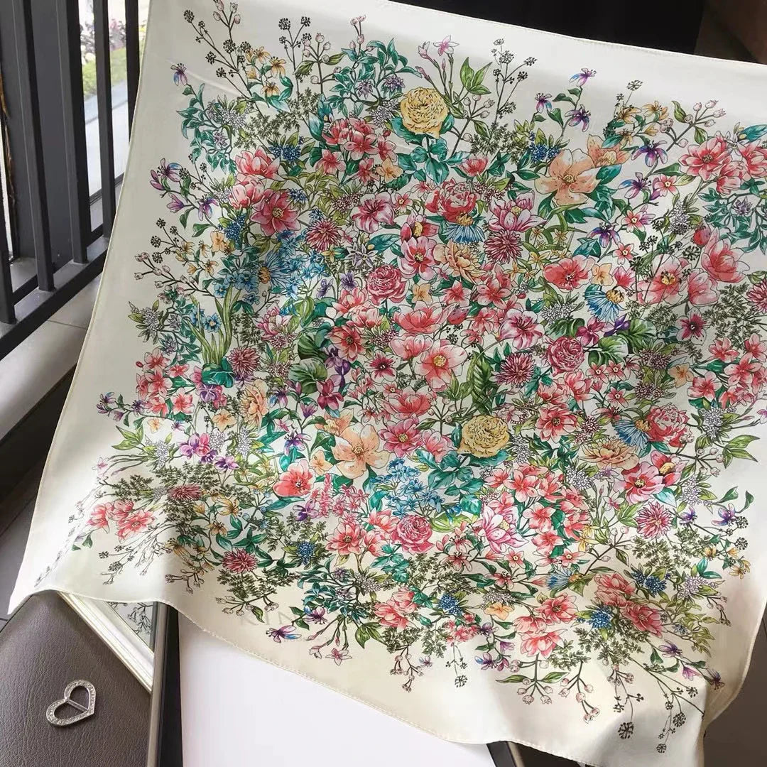 BYSIFA| New Grey Blue Silk Scarf Fashion Floral Design 70cm Square Scarves Fall Winter Neck Scarf Hijab Sweet Headband 65*65cm white pink floral