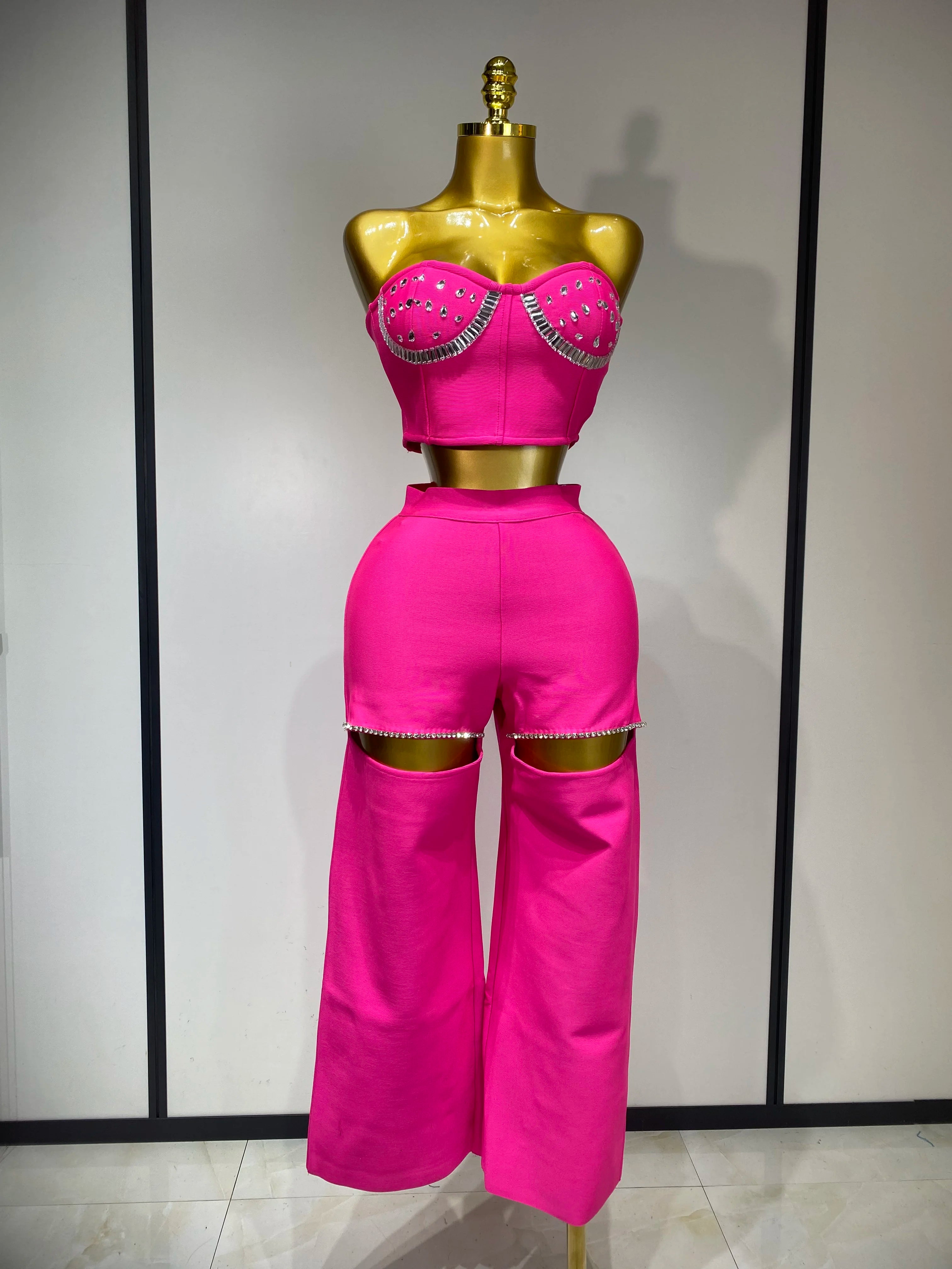 Women Sexy Strapless Top Cut Out Bodycon Two Pieces Bandage Pants Celebrity Designer Fashion Women Luxury Diamond Birthday Set