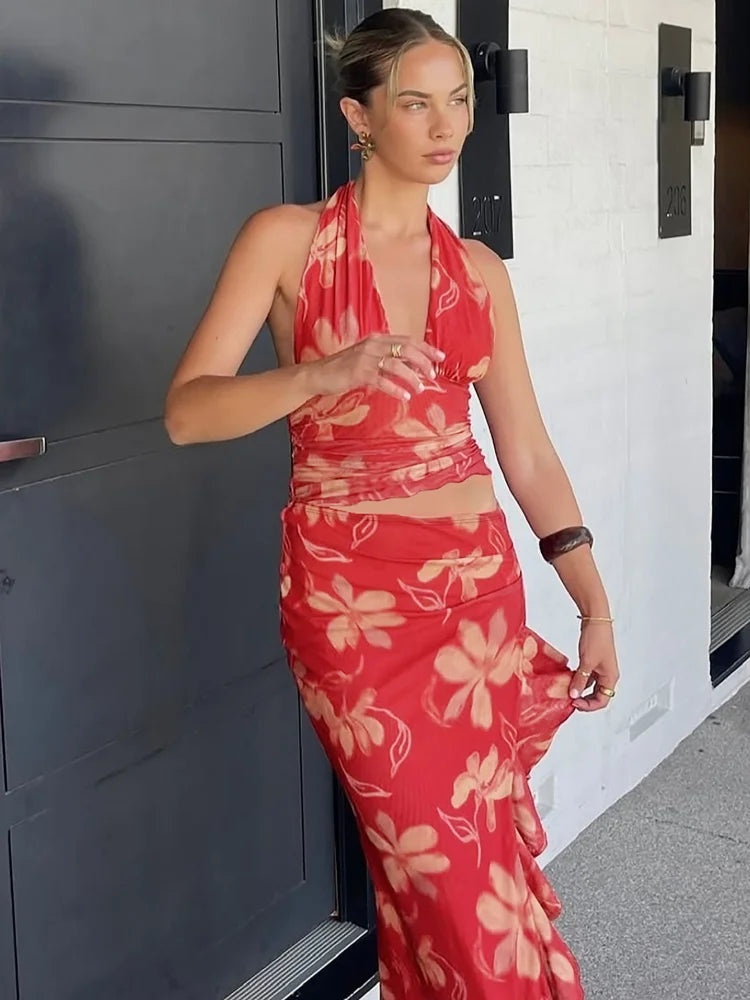 2025 Summer Retro Red Printing Slim Halter Tops Suit Elegant Lady Side Slit Ruffles Lace Midi Skirts Set New Vocation Beach Wear