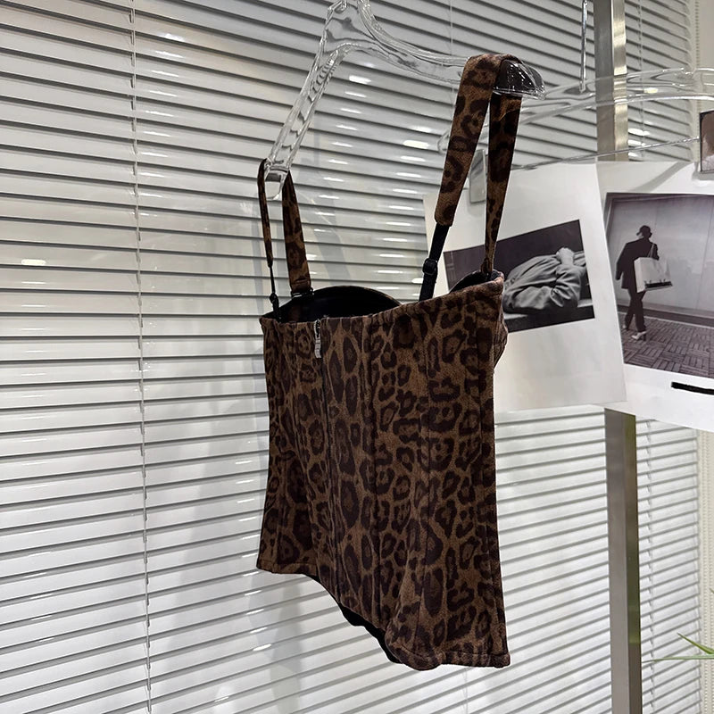 Winter New Fashion Suede Leopard Print Fishbone Waist Cinching Chest Pad Camisole For Women Tank Tops Female 11A07581