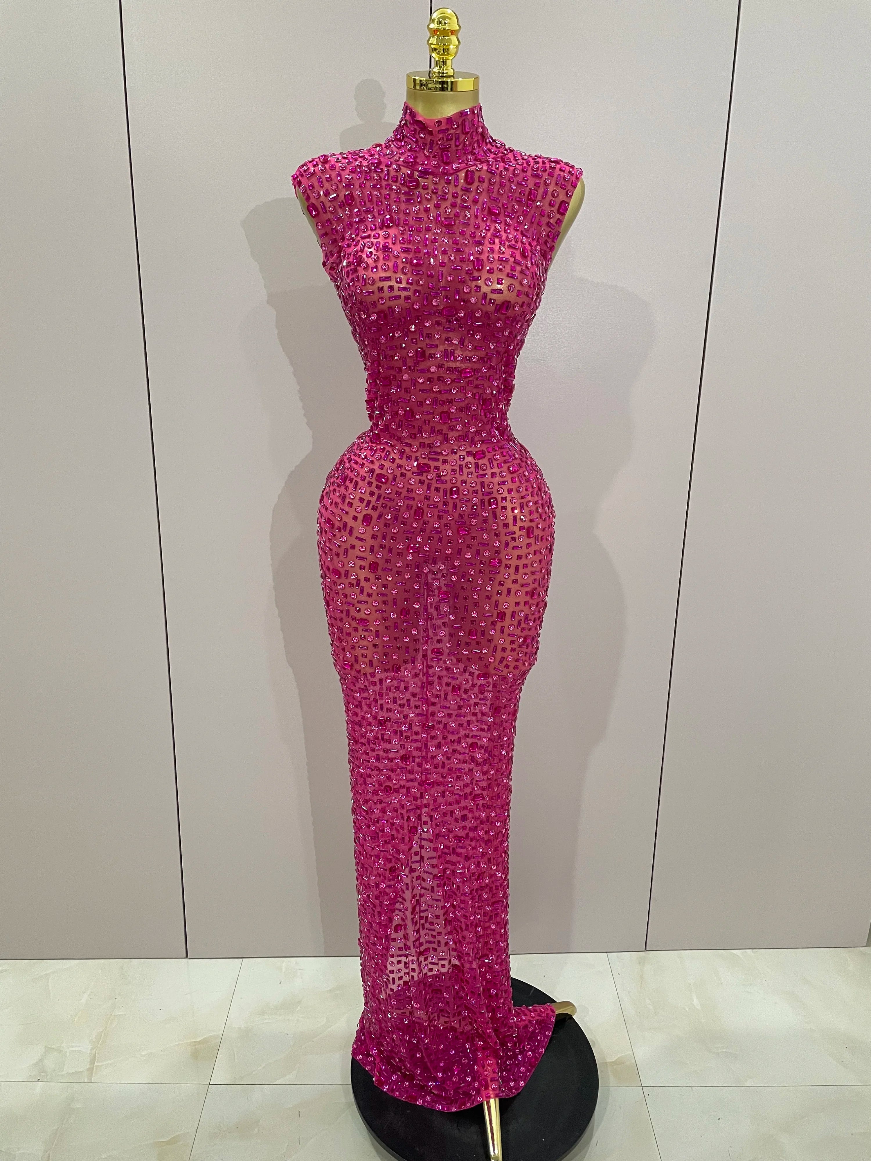 Sexy Sparkly Crystal Diamonds Mesh See Through Long Dress 2025 New Women Elegant Party Costume Singer Stage Performance Outfit Rose Red