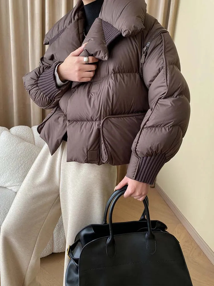 Luxury Design pockets zipper cropped down jacket for women Winter Warm Knit patchwork puffer coat Oversize INKEO DJ054