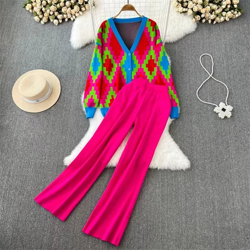 Women Sweater Cardigans Pant Set Casual Suits Long Sleeve Autumn Winter Knitted Loose Elegance Plaid Tops Elastic Sweaterpants Rose One Size