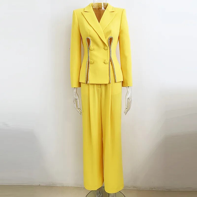 Yellow Pants Set 2024 New Designer Blazer with Diamond Striped Split Suit Jacket Straight Trouser Two Piece Set Outfits Women yellow set