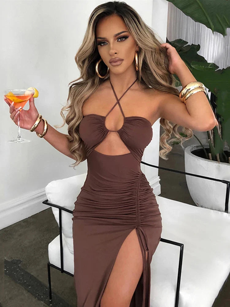 Summer Sexy Halter Backless Sleeveless Cut Out Maxi Dress for Women Ruched Elegant Club Party Slit Dresses Bandage Vestido 2023