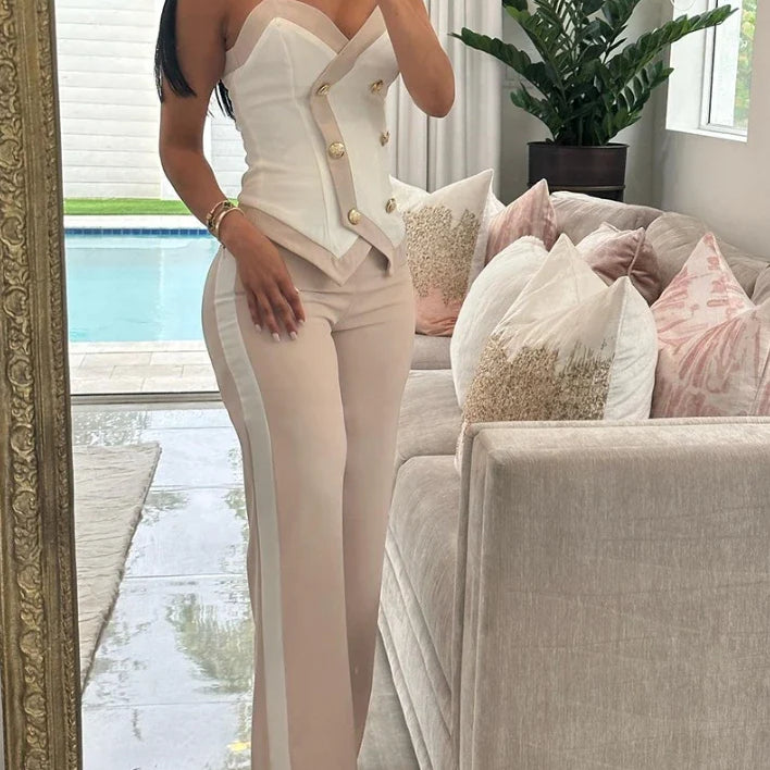 Two Piece Set Women Outfit Summer Fashion Double Breasted Chain Strap V-Neck Cami Top & Casual Daily Straight Leg Pants Set A