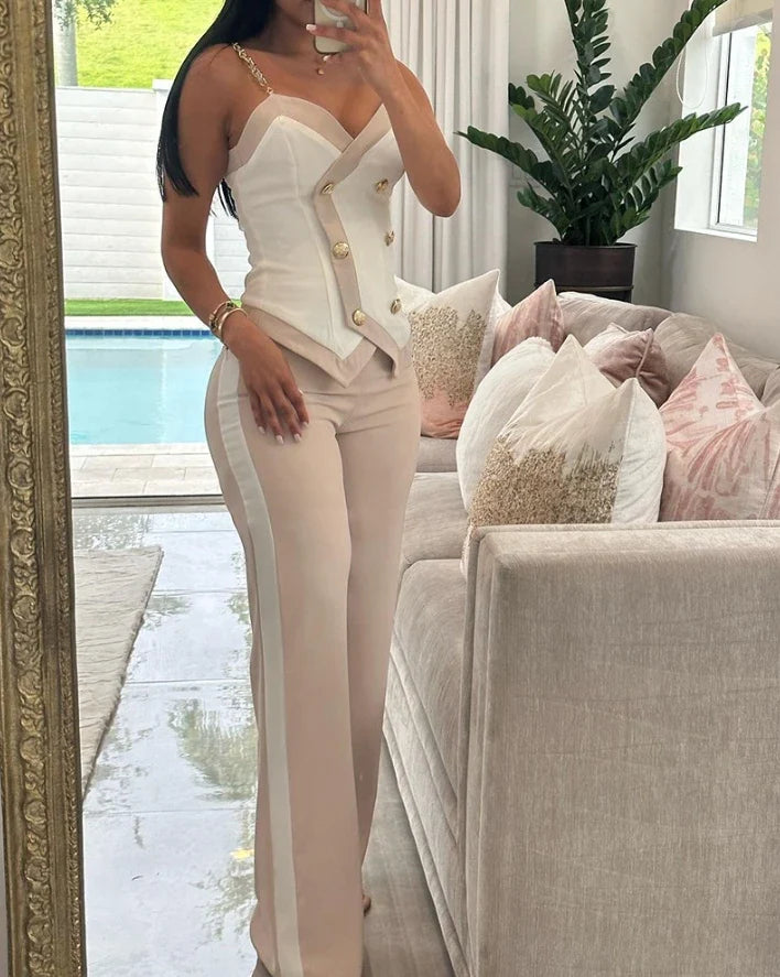 Two Piece Set Women Outfit Summer Fashion Double Breasted Chain Strap V-Neck Cami Top & Casual Daily Straight Leg Pants Set A