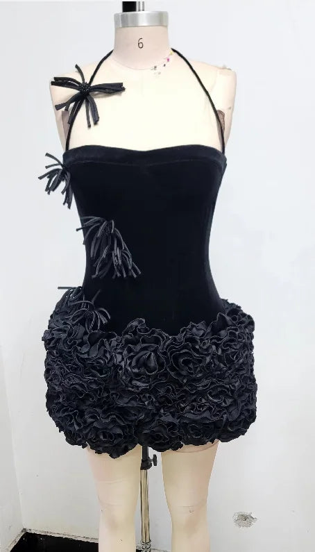 Black Red Women Sexy Strapless Laced up Tops Florals Ball Gown Mini Dress 2 Pieces Celebrate Nightclub Party Outfit Vestido