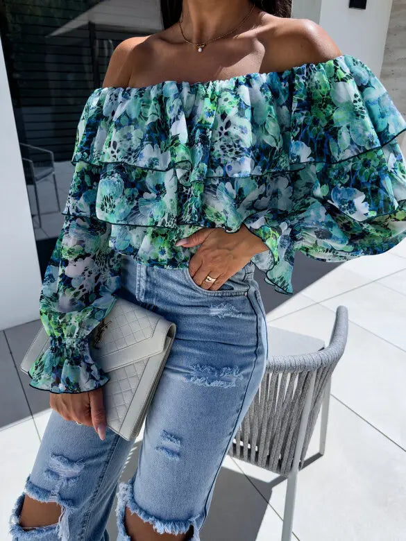Summer Fashion Off Shoulder Printed Chiffon B LouseWomen Sexy Beach Style Slash Neck Ruffle Chiffon Blouse Women Green