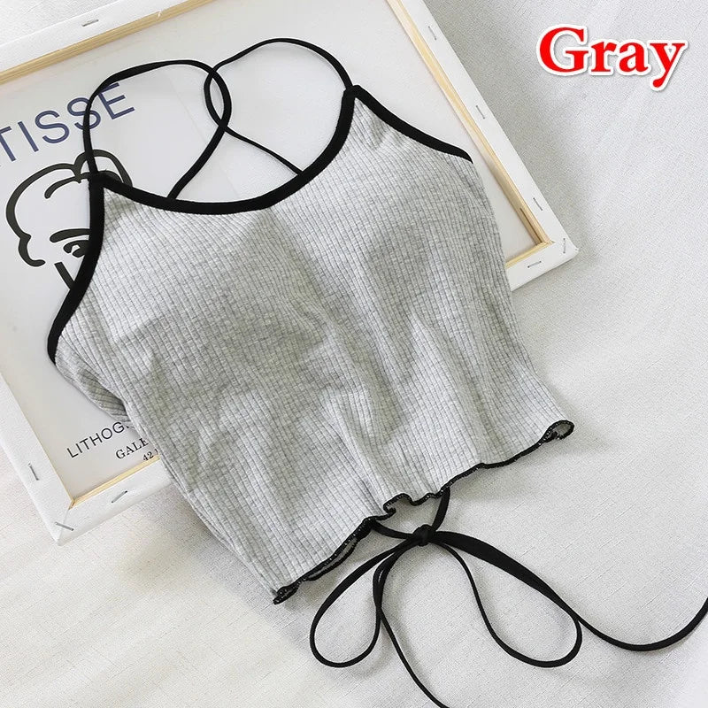 2023 Summer New Slim Fit Open Back Sexy Chest Cushion Strap Women Crop Tops Sexy Solid Color Camisole Women Clothing 2 One Size