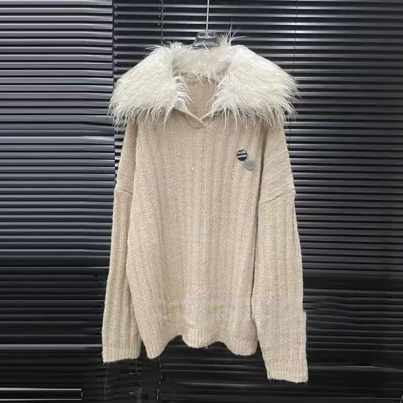 Autumn Winter New Large Fur Collar Knitted Soft Warm Sweater For Women Casual Solid Color Shorts Female 11A07781 only Khaki Top