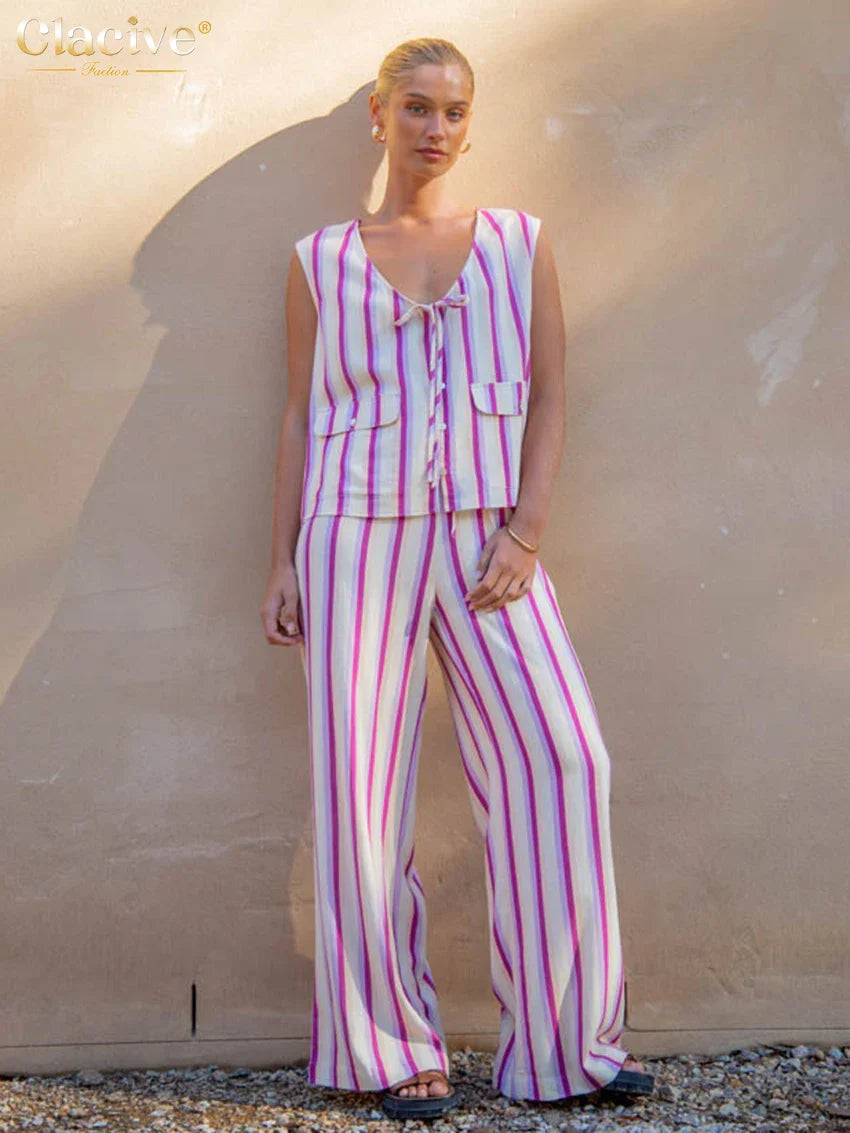 Clacive Summer Loose Print 2 Piece Sets Women Outfit Fashion Sleeveless Tank Top With High Waist Wide Pants Set Streetwear Pink