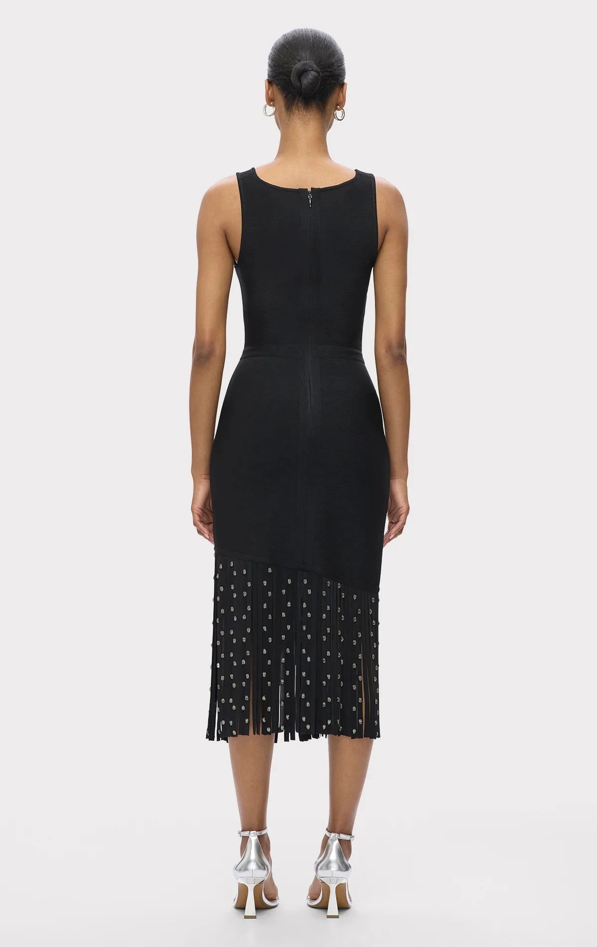 Top Quality Women Sleeveless Sexy O-Neck Shinning Crystal Tassel Bodycon Mid-calf Dress Fashion Celebrate Evening Party Outfit