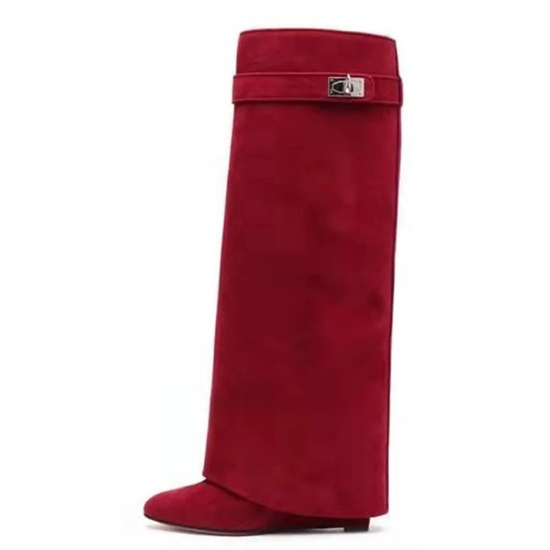 Shark Lock Women Boots Brand Design Genuine Leather Slip-on Knee High Boots For Woman Motorcycle Botas Mujer Fashion Wedge Shoes red suede