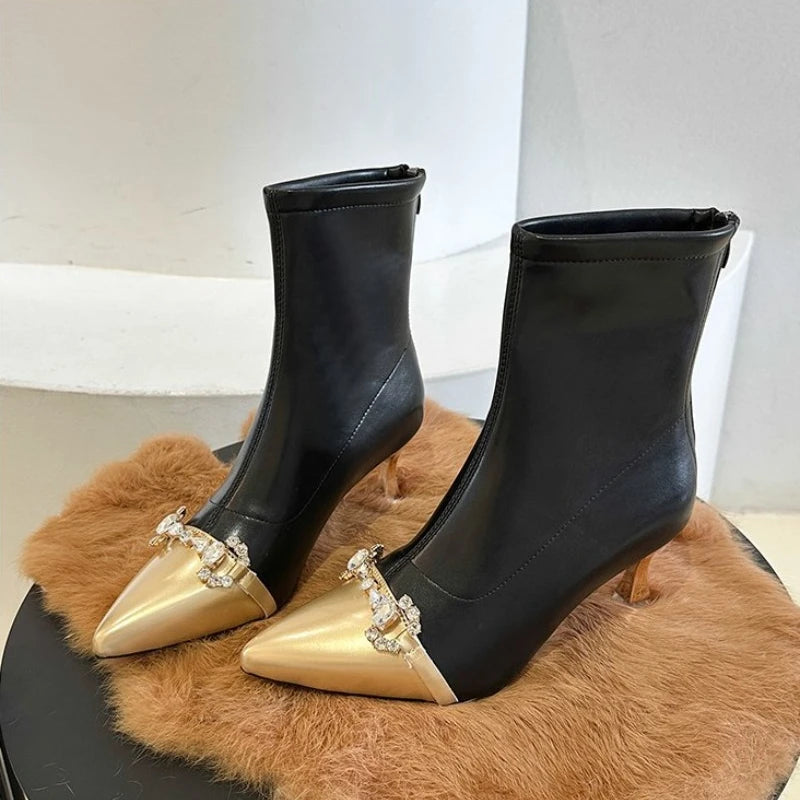 Women's Metal Chain Thin High Heel Pointed Toe Autumn Ankle Boots Metal Belt Rivet Deocration Elegant Ladies Short Boots Hot