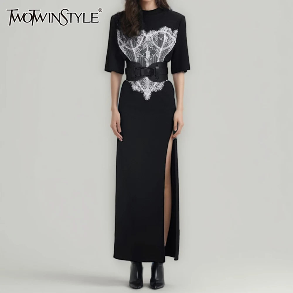 Hit Color Slimming Spliced Lace Dresses for Women Round Neck Half Sleeve Split Temperament Dress Female Fashion New