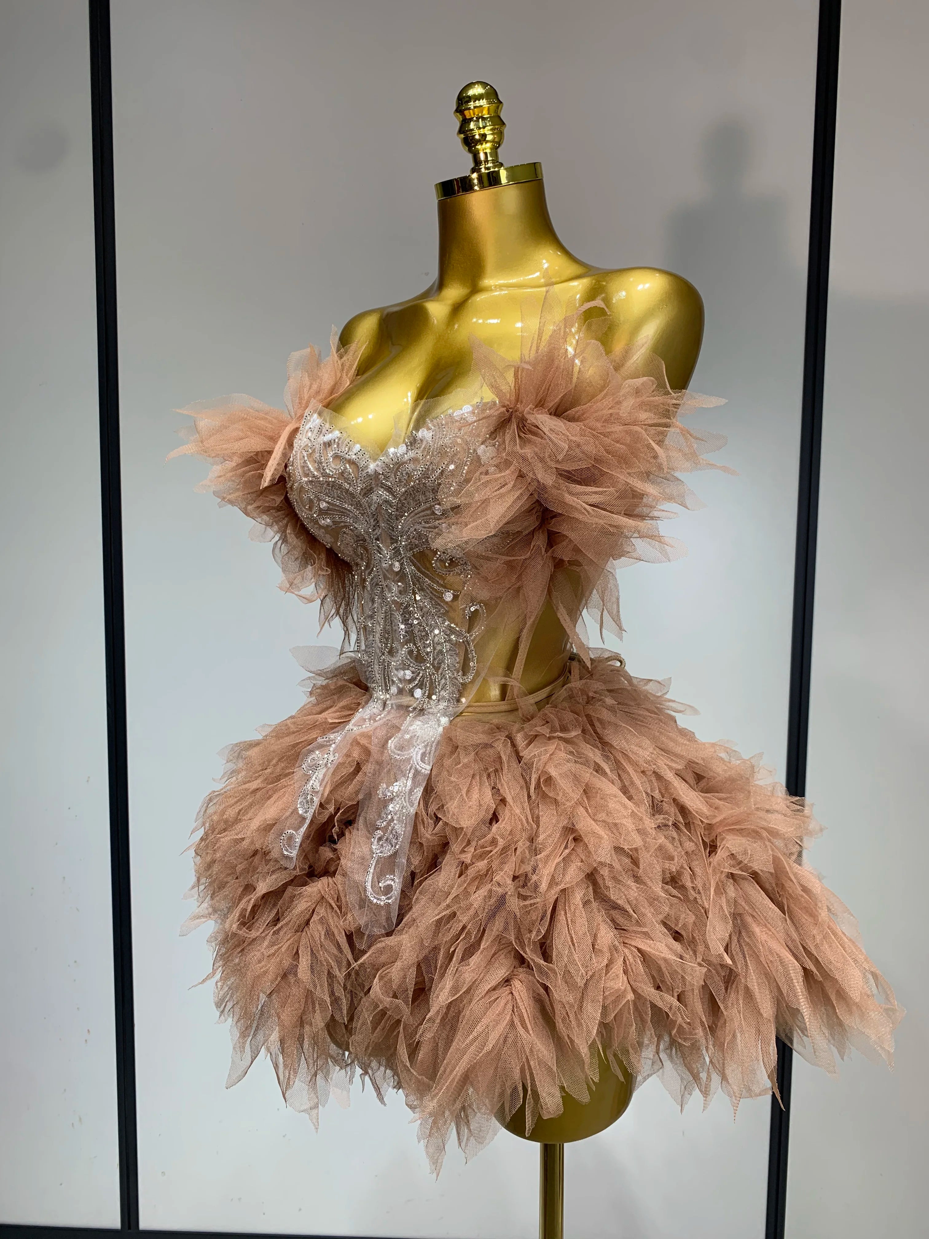 Women Sexy Strapless Two Pieces Set Prom Gown Mini Dress Celebrate Nightclub Party Performance Costume Singer Stage Wear