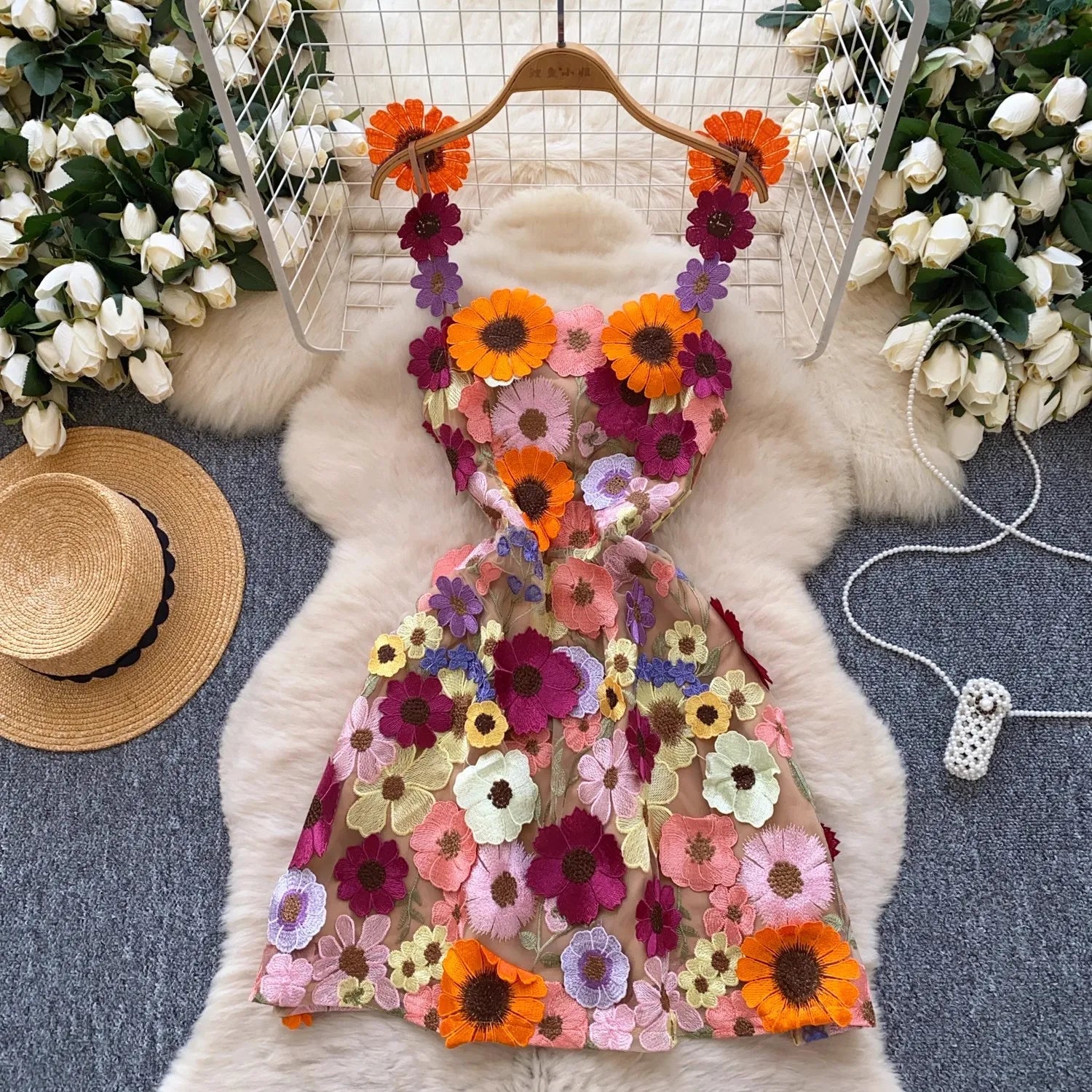 Summer Holiday Hollow Out Flower Embroidery Dress Women's Square Collar Sleeveless Mesh Flower Bohemain MIni Robe Vestidos apricot