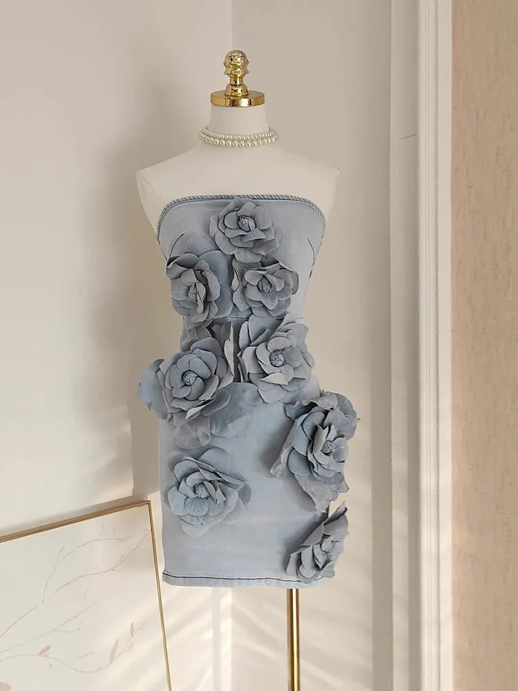 French Elegant Solid 3D Appliques Flower Patchwork Slimming Dress For Women Slash Neck Sleeveless Tunic Vestidos Female Clothing blue