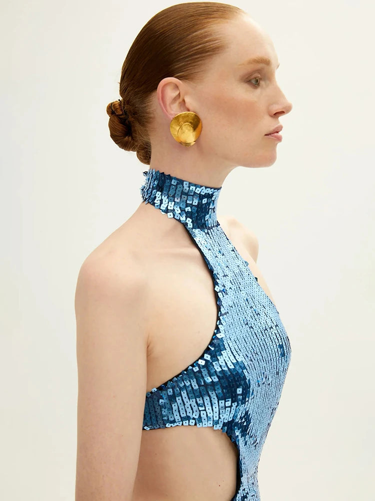 Blue Shiny Sequined Hatler Evening Dress Backless Cut Out Sleeveless Prom Bodycon Wedding Party Cocktail Evening Gown Vestido