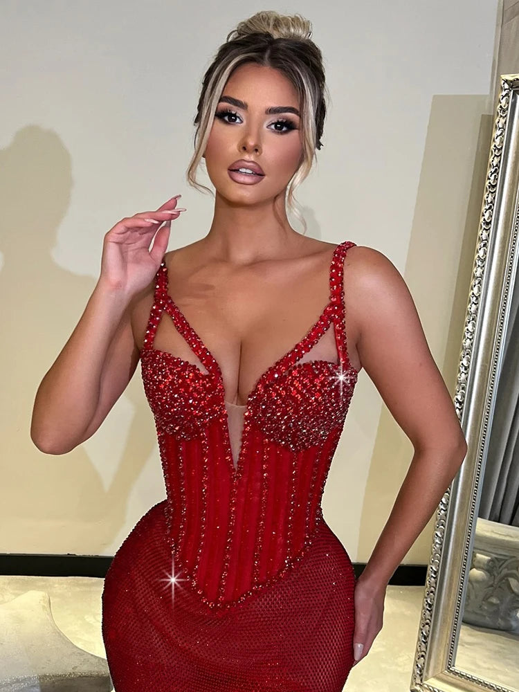 Enchanting Sparkling Red Mermaid Sequins Strappy Sleeveless Dress Party Evening Gown