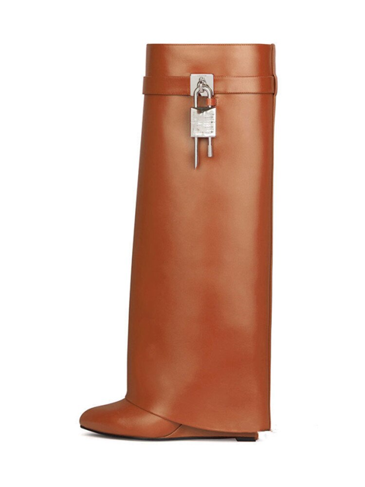 Women's New Knee High Boots Shark Lock Long Thick Soled High-heeled Boots Designer Luxury Brand Women's Leather Boots