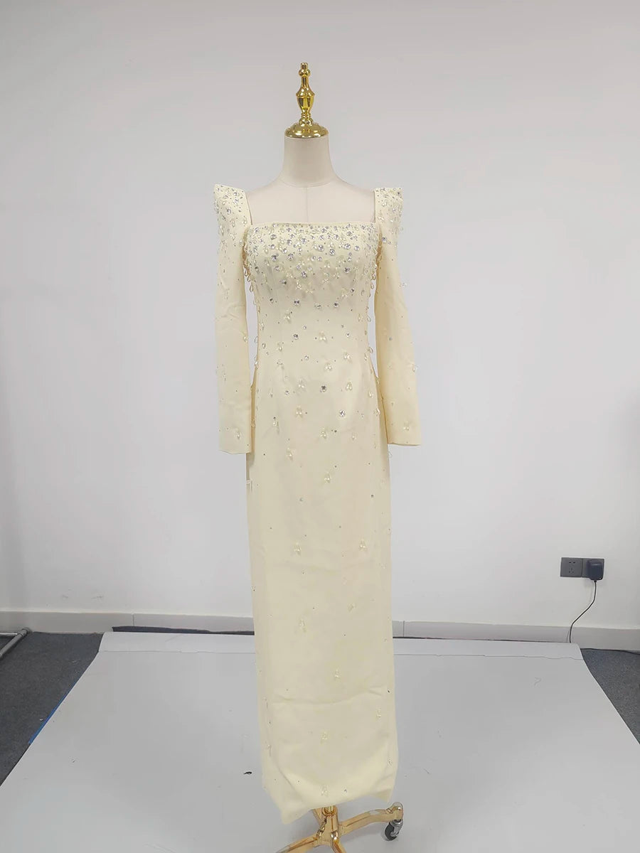 Solid Slimming Spliced Bead Luxurious Midi Dresses for Women Square Neck Long Sleeves Split Elegant Dress Female