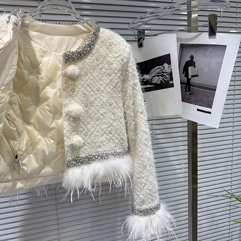 Winter New Fashion Heavy Embroidery Rhinestone Collar Ostrich Feather Cotton Coat For Women Short Jacket 11A07811