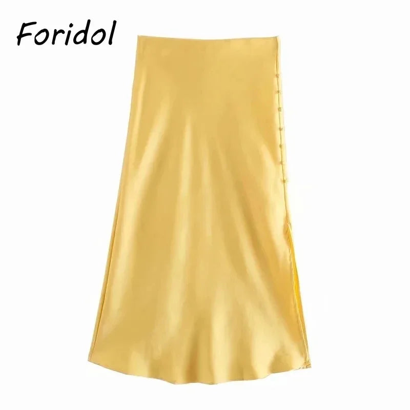 Foridol High Waist Button Slit Midi Satin Skirts Womens Autumn A-line Silk Elegant Skirt Bottoms Office Skirt Faldas Mujer