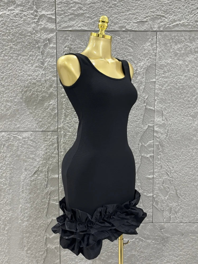 Women Sleeveless Sexy O-Neck Ruffles Bodycon Mini Bandage Dress Celebrate Nightclub Party Bar Singer Outfit