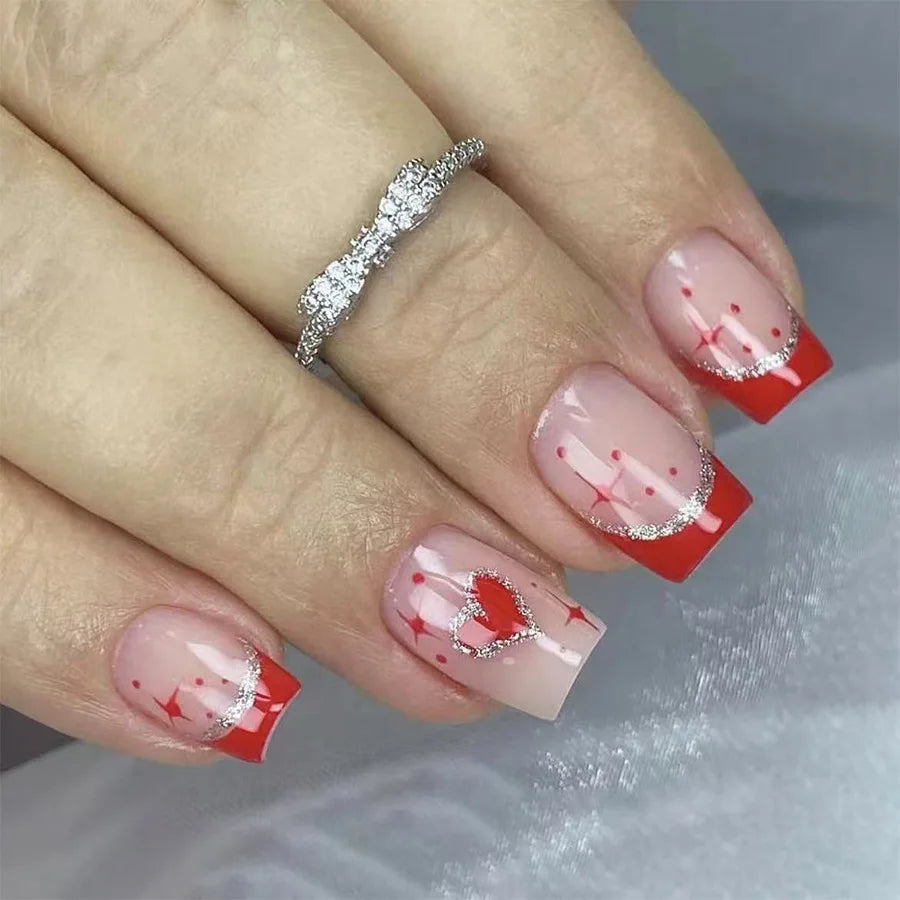 24Pcs Short Glitter False Nails Black Red Sweet Cool Press on Nails Love Valentine Wearing Nail Art Full Cover French Fake Nail 5
