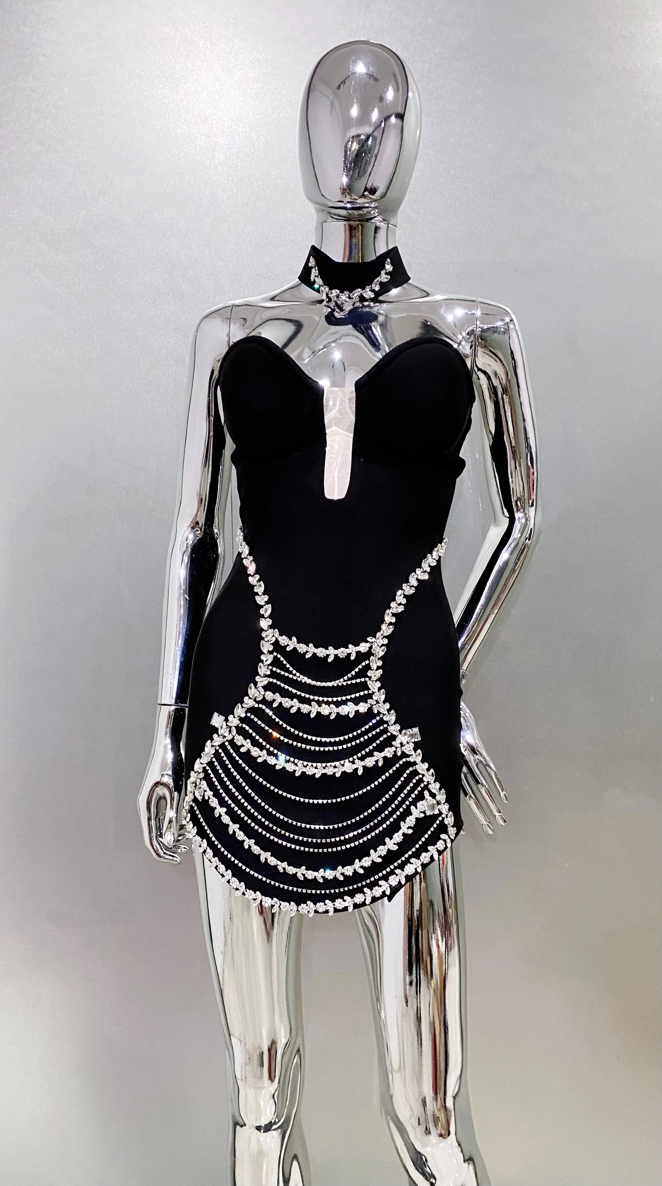 New Stylish Necklace Shining Diamonds Strapless Black Bandage Mini Dress Fashion Woman Party Vestido Celebrity Birthday Outfit