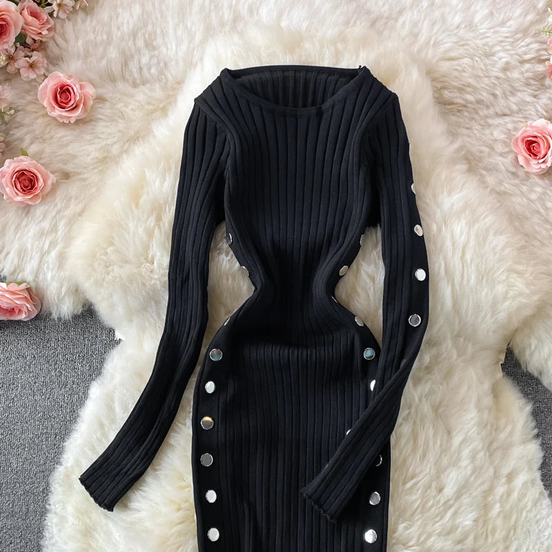 Winter Women's Knitted Sweater Dresses O-Neck Long Sleeve Slim Side Double Row Buckle Hip Wrap Dress Ladies Sheath Dress Autumn